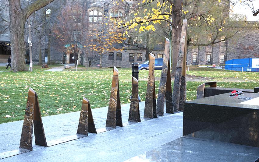 The bronze component of the memorial is in a folded and ribbon-like form, which symbolizes the first Canadian involvement during 9/11, beginning with supporting those who were stranded at Canadian airports after the World Trade Center attacks, and the unfolding of events in the years since.