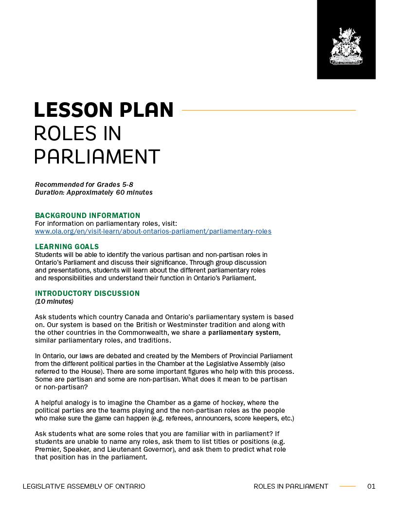 Lesson Plan Roles In Parliament Legislative Assembly Of Ontario