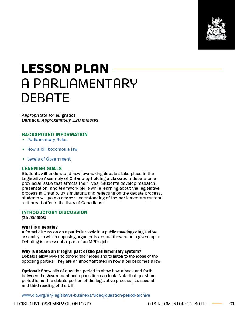 Lesson Plan A Parliamentary Debate Legislative Assembly Of Ontario
