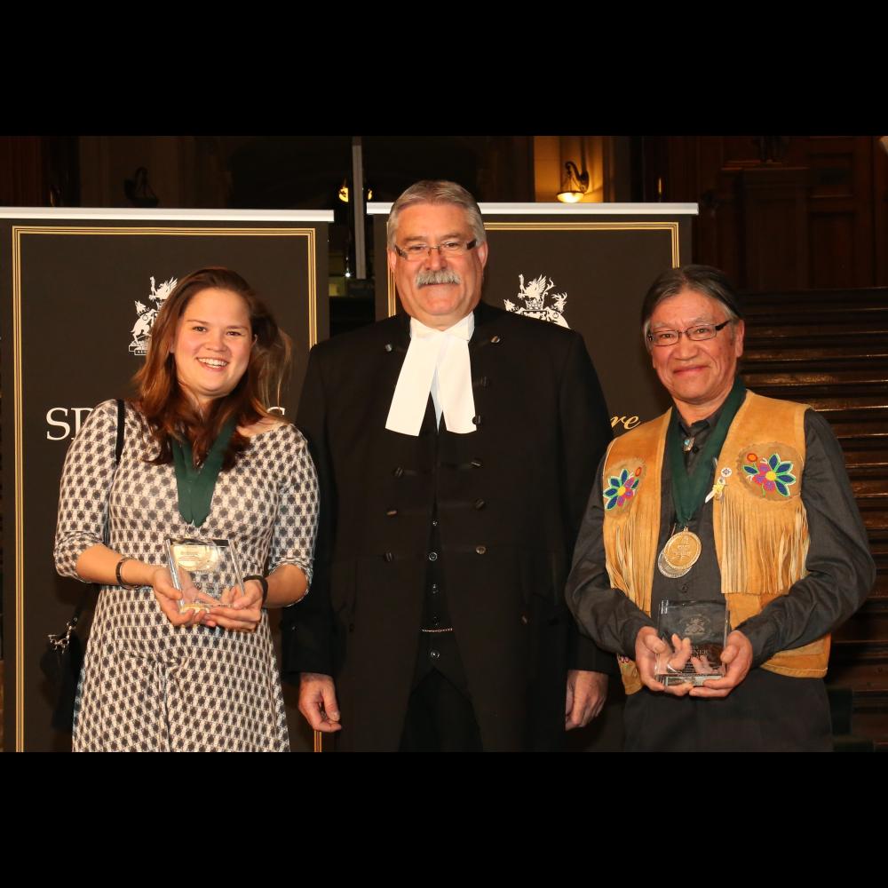 Picture of Speaker Dave Levac with 2015 Speaker's Book Award Winners Alexandra Shimo & Edward Metatawabin