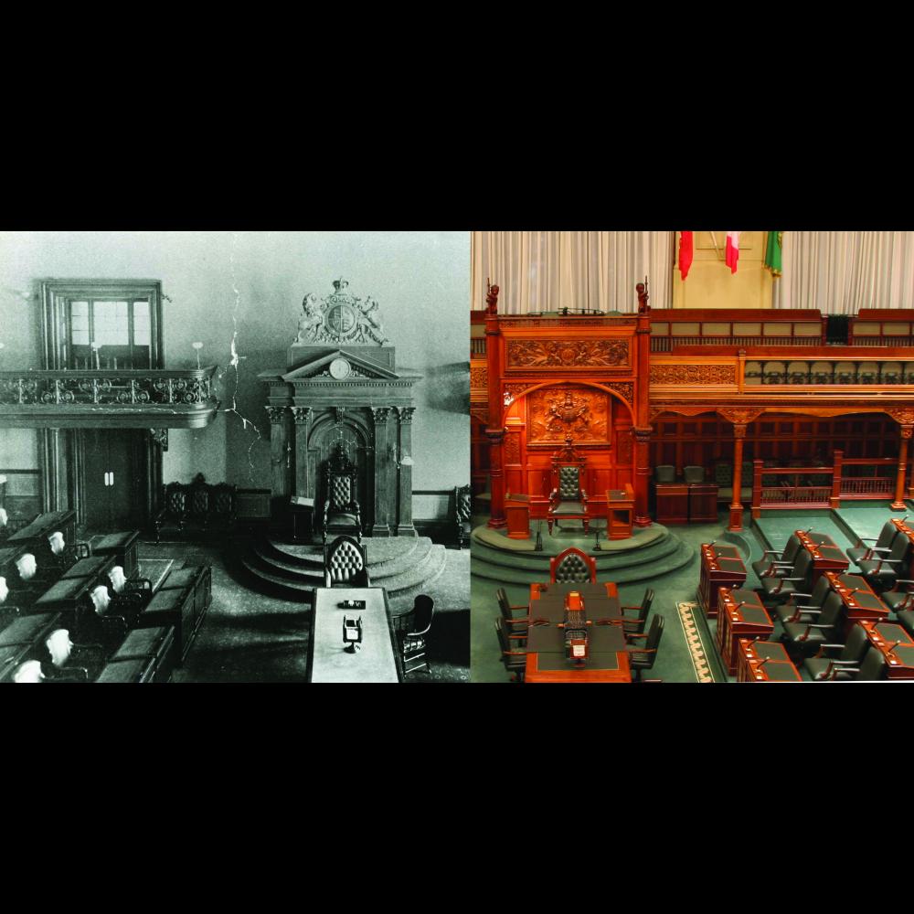 Photographies comparatives de la législature à l'édifice de la rue Front et la Chambre de l'Assemblée législative d'aujourd'hui à Queen's Park