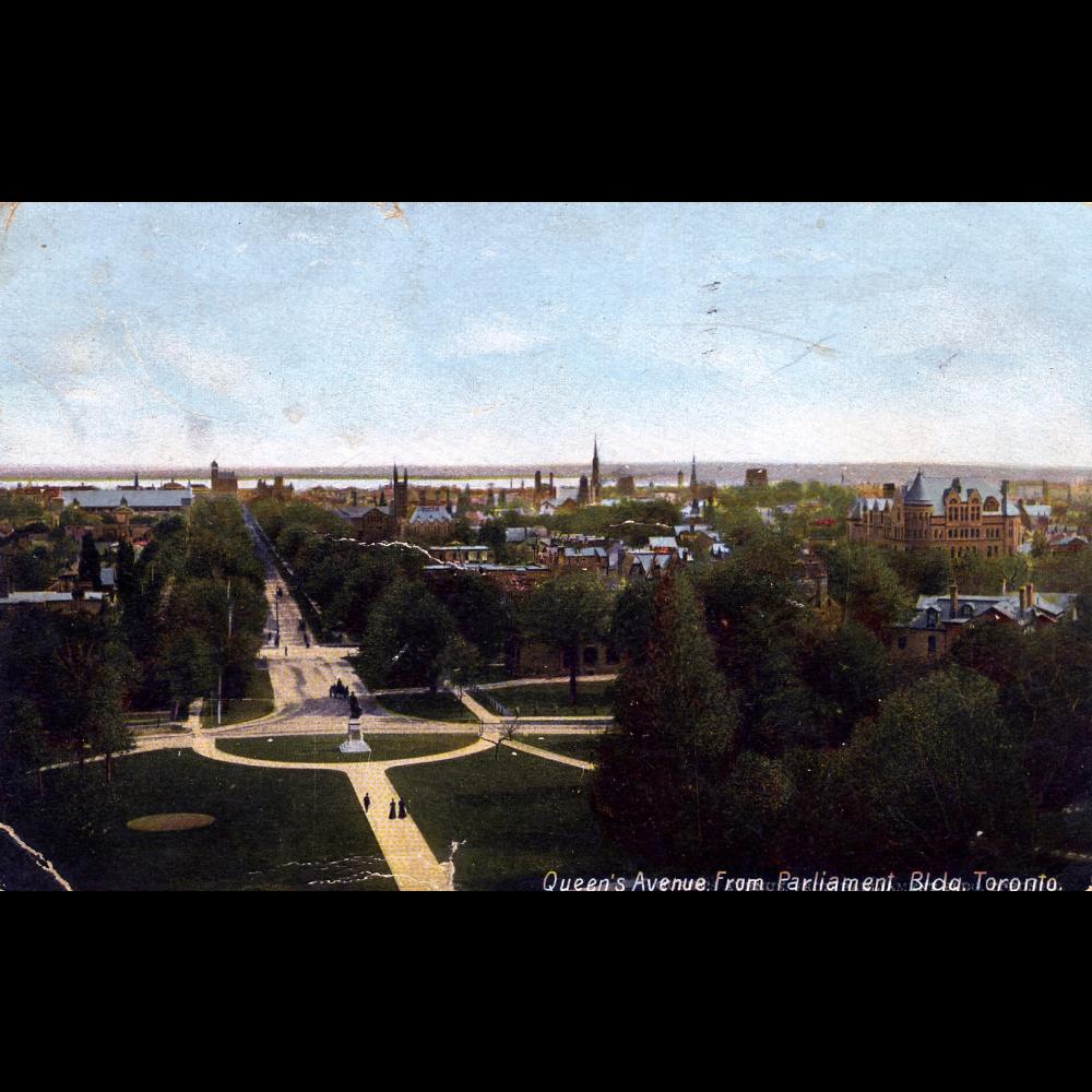 Aerial view of Toronto looking south from the Legislative Building, c. 1905.