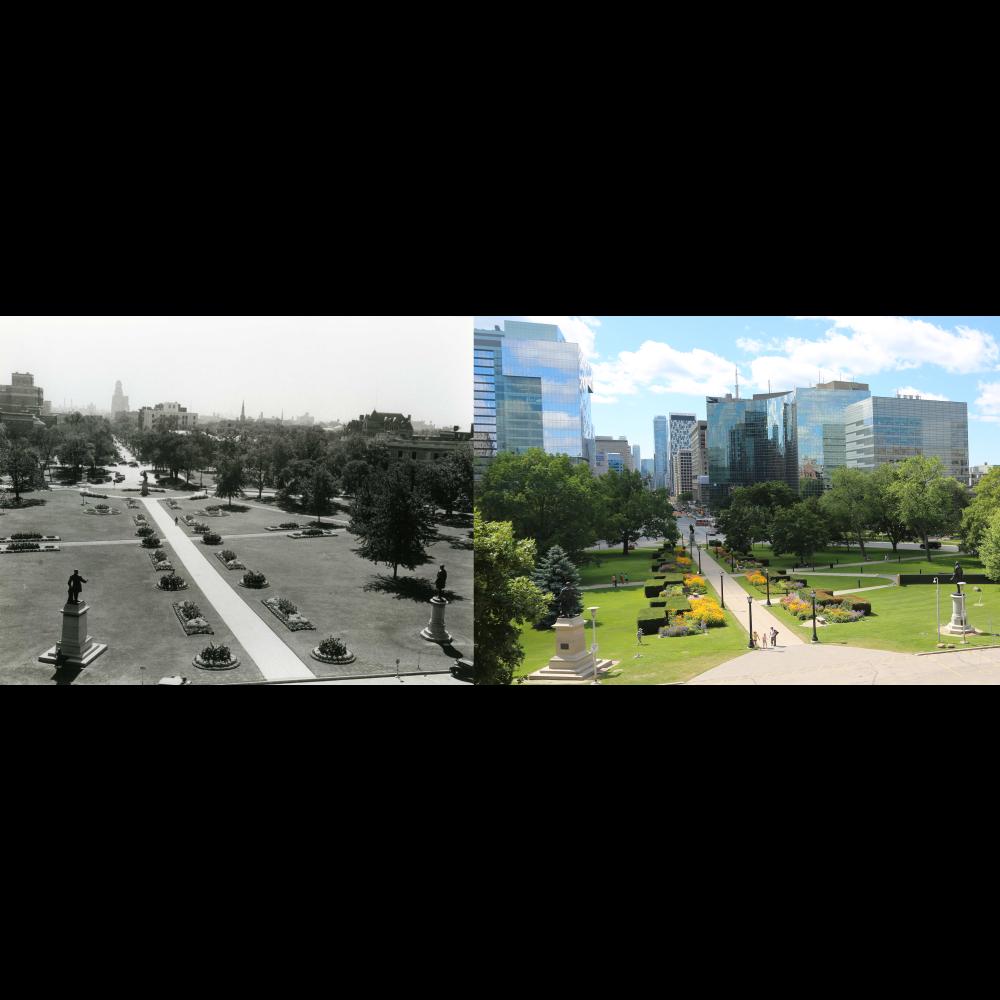 Aerial view looking south from the Legislative Building to University Avenue - the view on the left is from the 1930s, the view on the right is from present day