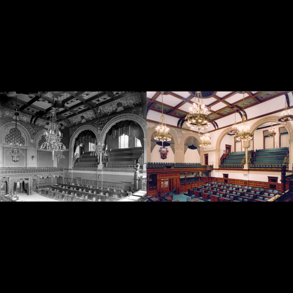 The Legislative Chamber - the view on the left is from 1893, the view on the right is from present day