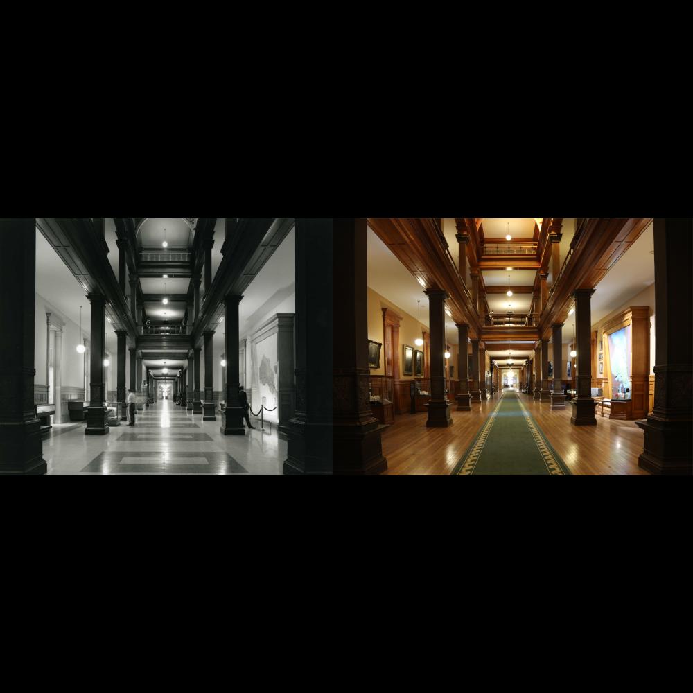 The 1st floor of the east wing of the Legislative Building - the view on the left is from the late 1960s, the view on the right is from present day