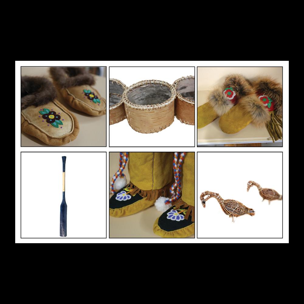 Images des objects de la Première Nation de Marten Falls First Nation y compris des moccasins, moufles, pagaies de canoë et oiseaux Tamarac