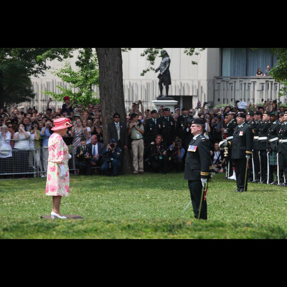 Her Majesty Queen Elizabeth II prepares to inspect the troops outside the Legislative Building, Queen's Park.