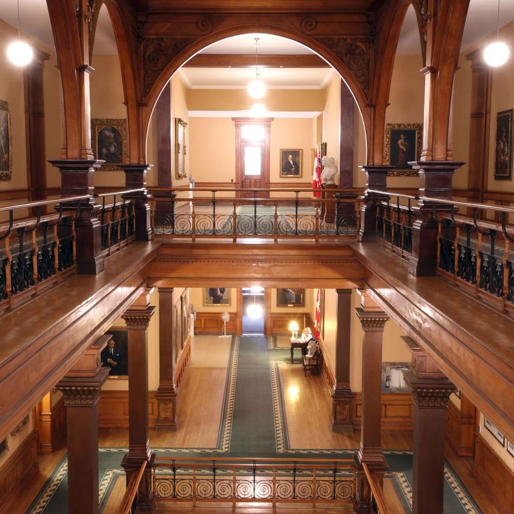 A fulsome view of the three levels of the East wing of the Legislative building.