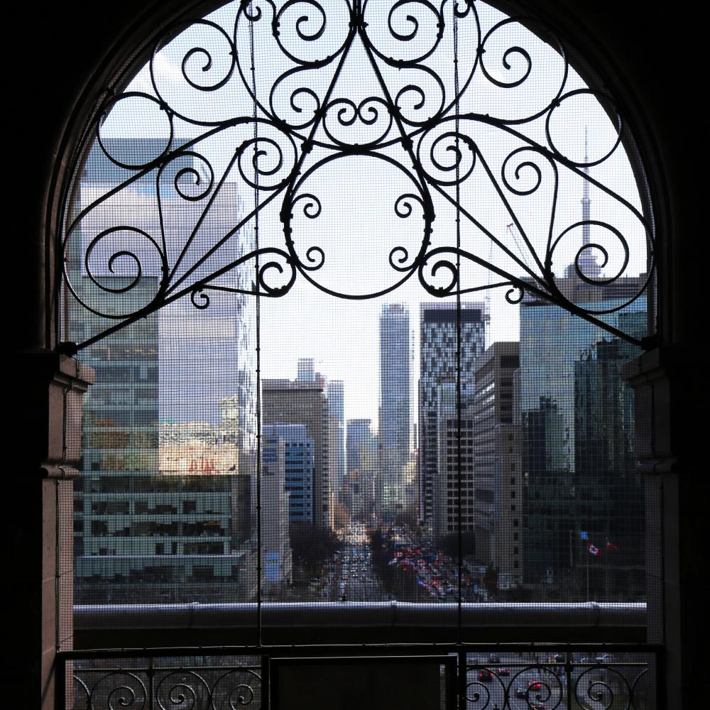 Picture showing a view of downtown Toronto from an upper balcony of Ontario's Legislative Building