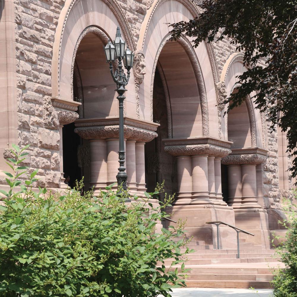The sandstone arches on the front entrance of the Legislative building.