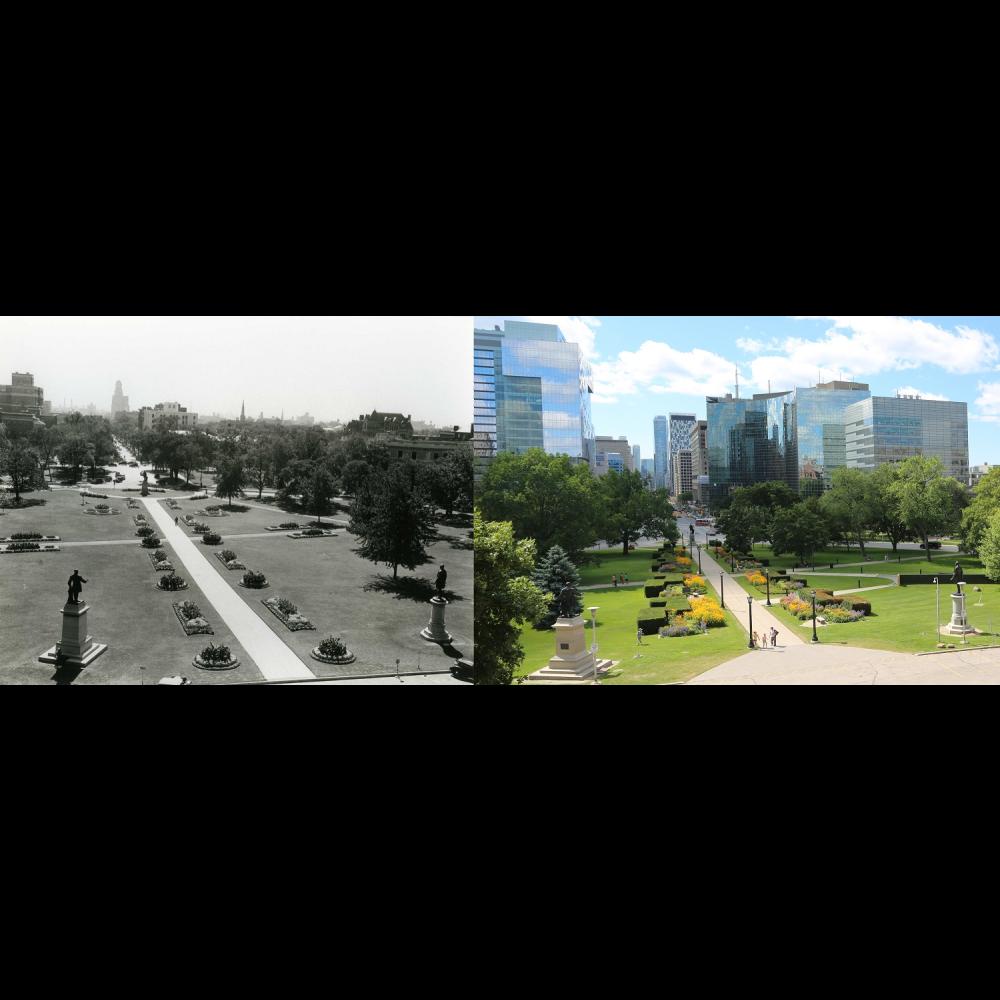 Images contrastées d'une vue aérienne vers le centre ville de Toronto de Queen's Park
