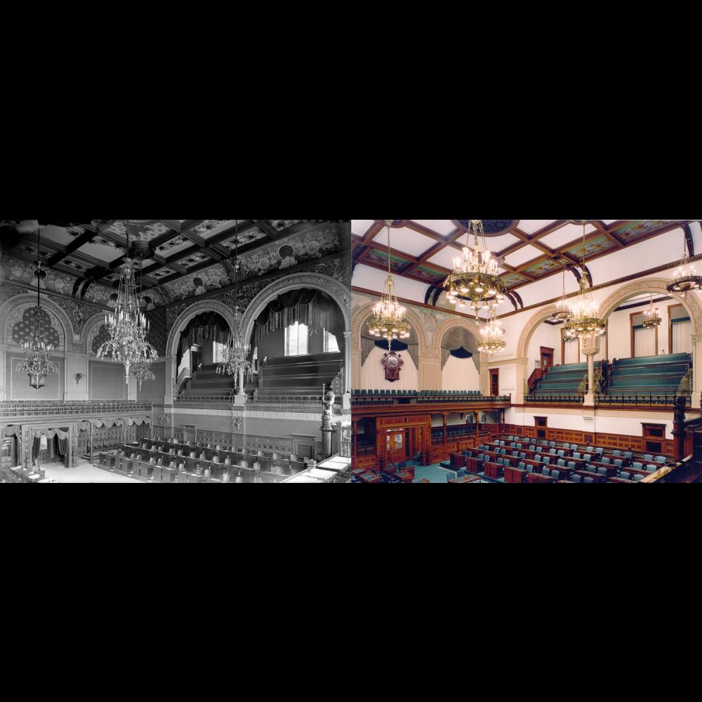 Two contrasting pictures of the Legislative Chamber in Ontario's Legislative Building