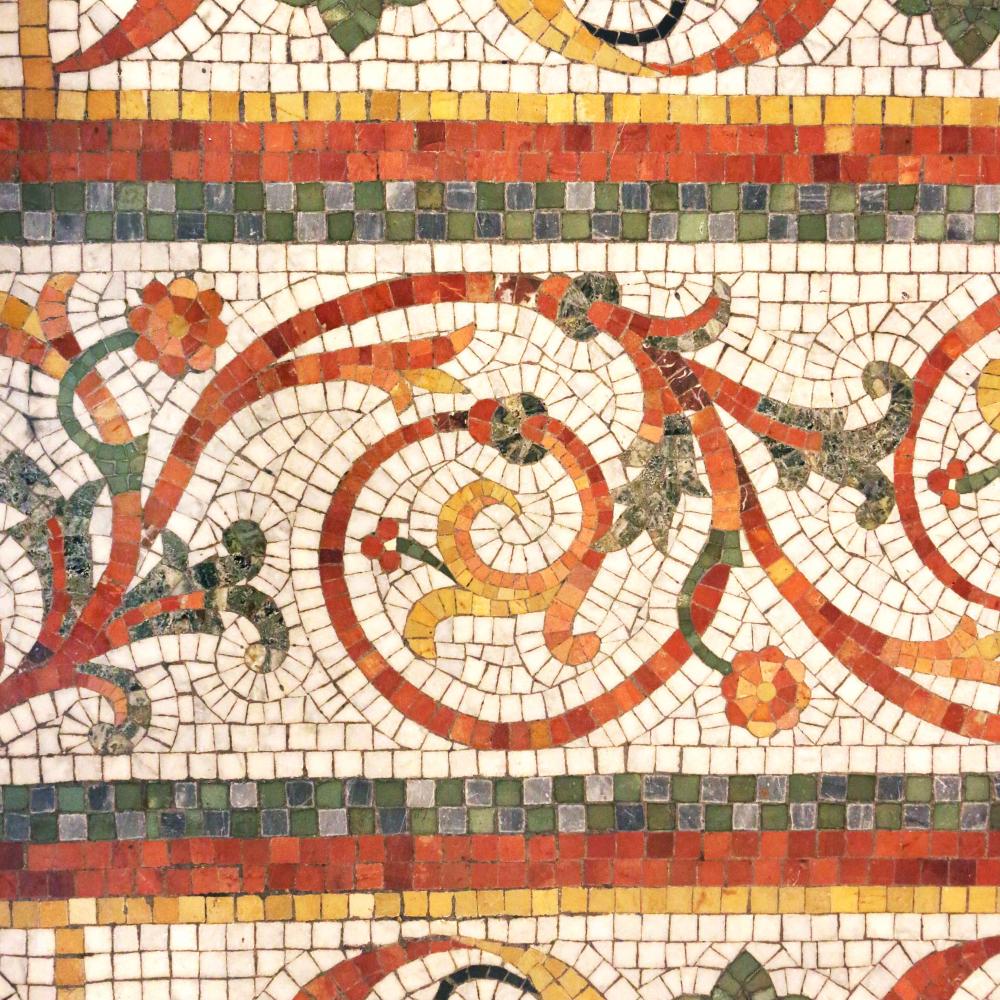 Detailed view of the colourful mosaic floors in the Legislative building's West wing.