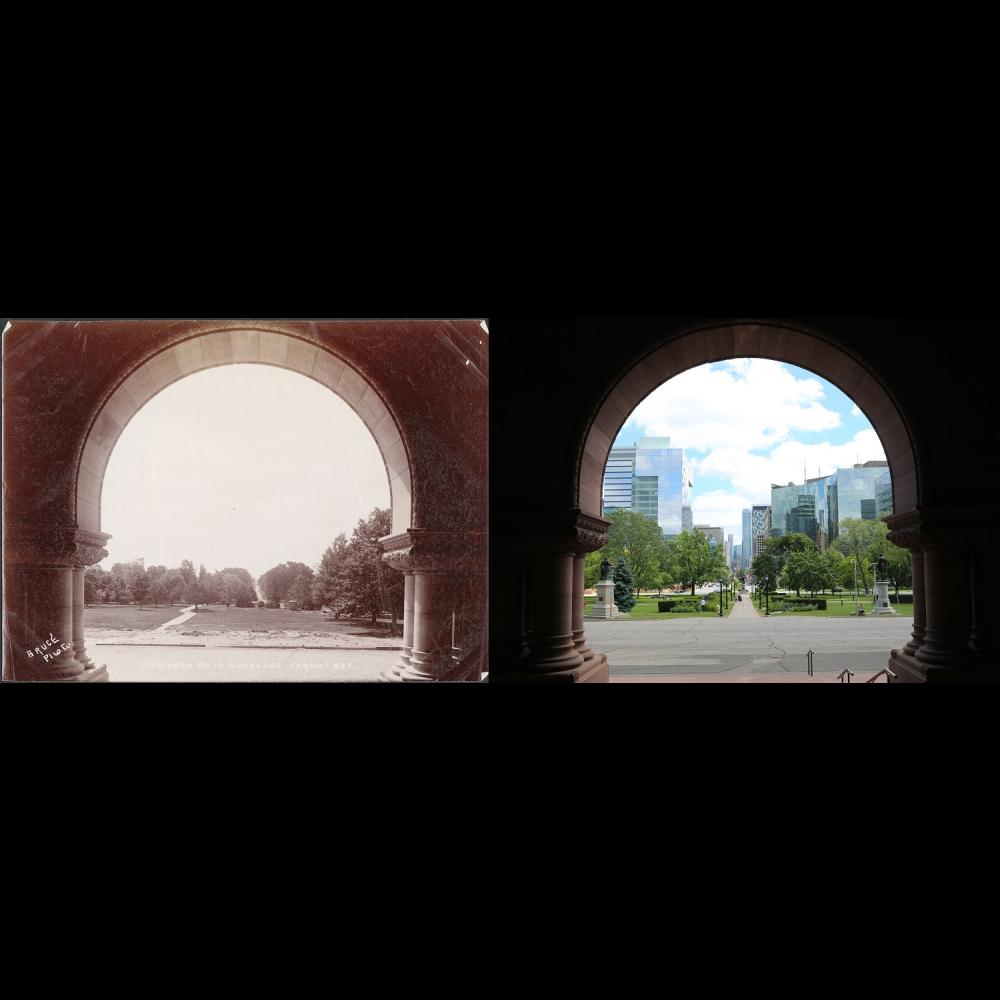 Images contrastées d'une vue vers le sud à travers les arches de l'édifice législatif à Queen's Park, Toronto