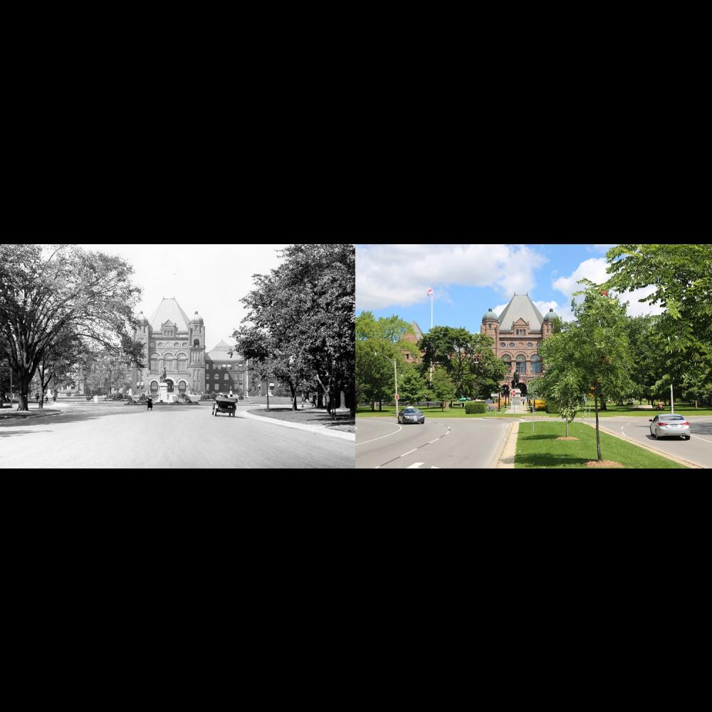Two contrasting pictures looking towards Ontario's Legislative Building from College Avenue