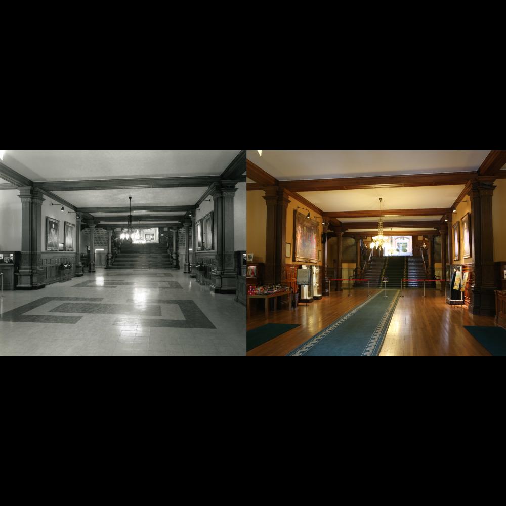 Images contrastées du hall d'entrée de l'édifice législatif