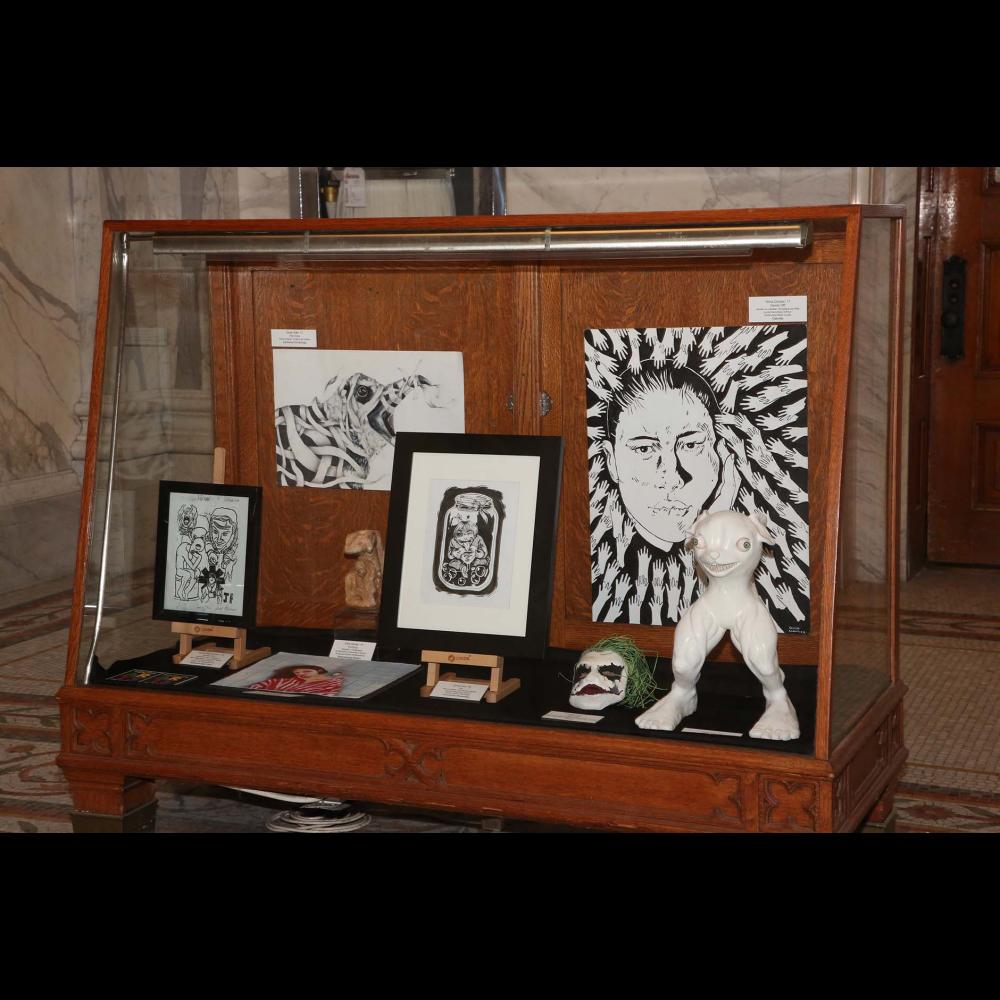 Drawings and sculptures by student artists in the 2019 Youth Arts Program