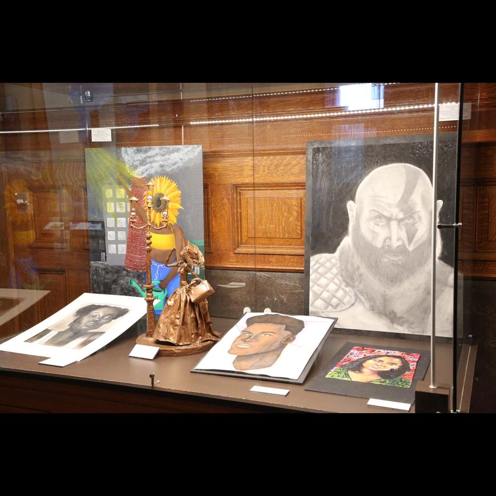 Paintings, drawings and a sculpture by student artists in the 2020 Youth Arts Program.