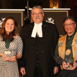 Picture of Speaker Dave Levac with 2015 Speaker's Book Award Winners Alexandra Shimo & Edward Metatawabin
