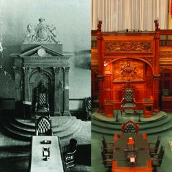 Photographies comparatives de la législature à l'édifice de la rue Front et la Chambre de l'Assemblée législative d'aujourd'hui à Queen's Park