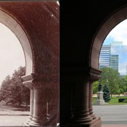 Looking south through the Arches of the entrance to the Legislative Building - the left side shows 1890 view, right side shows present-day view