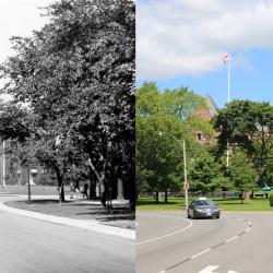 Looking north from University Avenue at the Legislative Building - the view on the left is from 1914, the view on the right is from present day