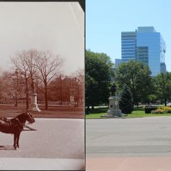 Looking south from the main entrance of the Legislative Building - the view on the left is from 1890 and has a horse-drawn carriage in it, the view on the right is from present day and has a taxi cab in it