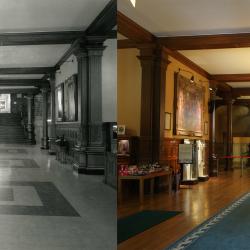 The lobby of the Legislative Building - the view on the left is from the 1950s, the view on the right is from present day