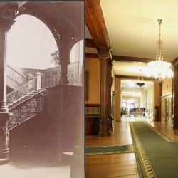 Two pictures of the grand staircase inside Ontario's Legislative Building