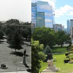 Images contrastées d'une vue aérienne vers le centre ville de Toronto de Queen's Park